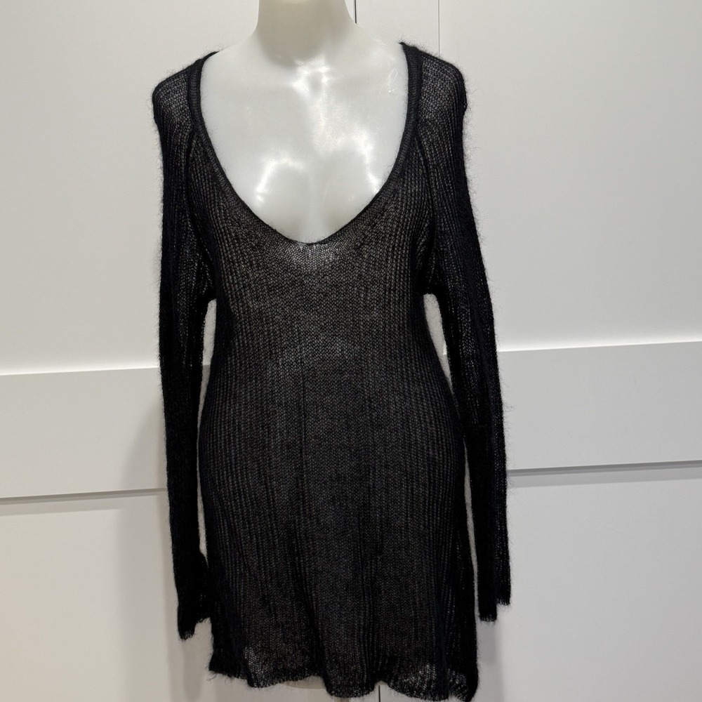 Eileen Fisher Black V-Neck Mohair Blend Open Knit Tunic Sweater – Size L – NWT